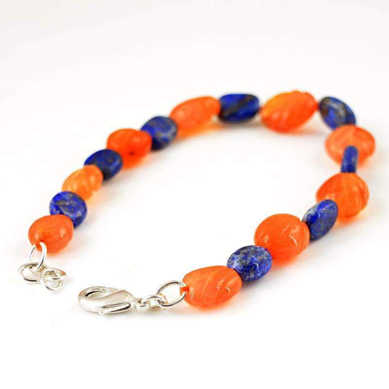 gemsmore:Blue Lapis Lazuli & Orange Carnelian Bracelet Natural Oval Shape Carved Beads