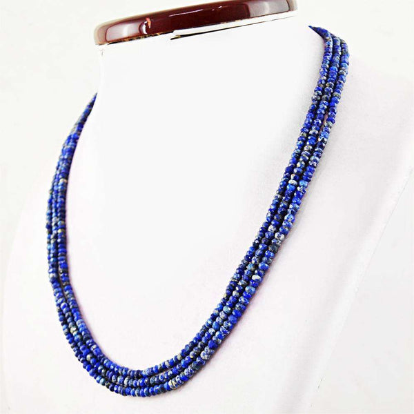 gemsmore:Blue Lapis Lazuli Round Cut Beads Necklace Natural 3 Strand