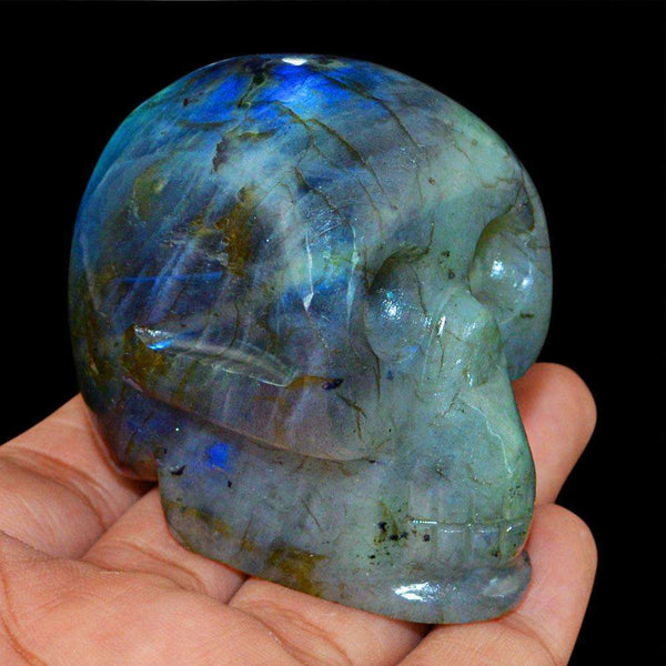 gemsmore:Carved Blue Flash Labradorite Human Skull