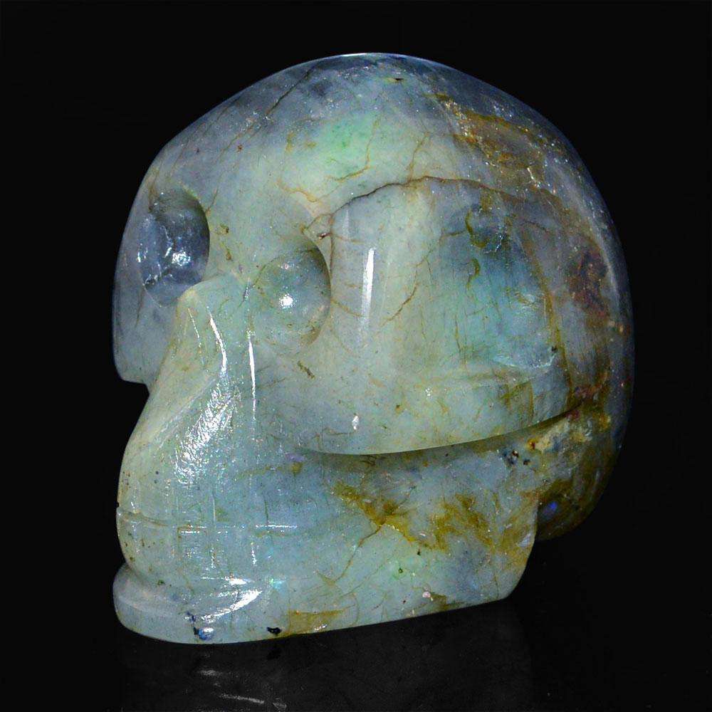 gemsmore:Carved Blue Flash Labradorite Human Skull