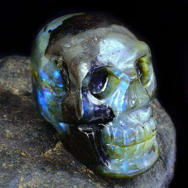 gemsmore:Carved Blue Flash Labradorite Human Skull