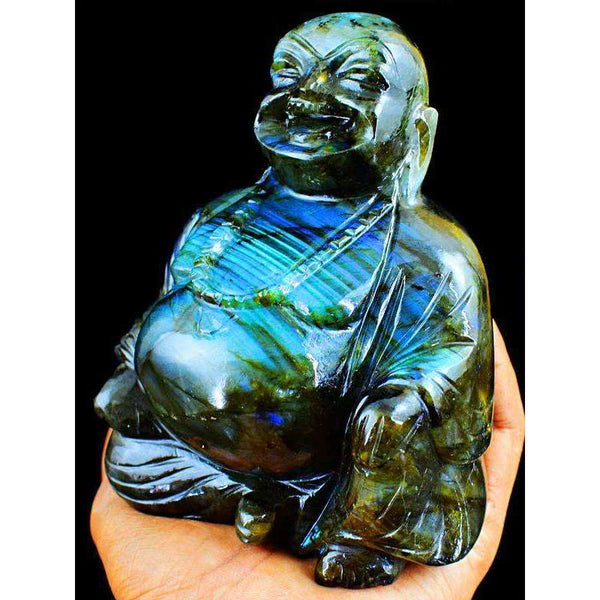 gemsmore:Carved Blue Flash Labradorite Laughing Buddha Idol