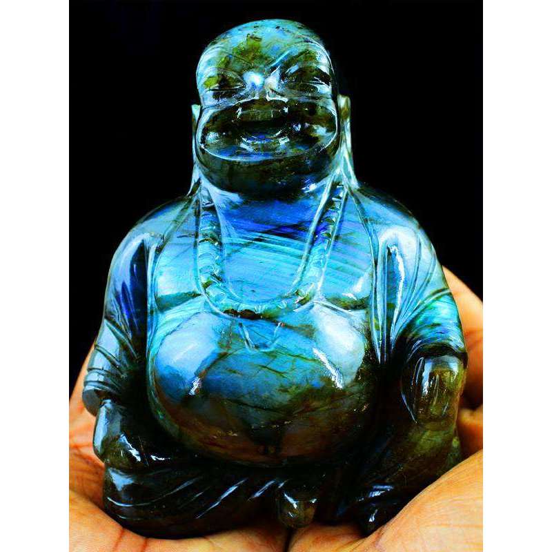 gemsmore:Carved Blue Flash Labradorite Laughing Buddha Idol