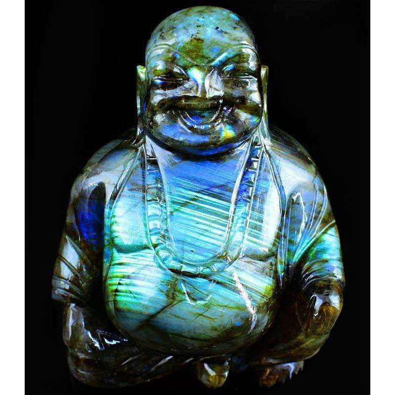 gemsmore:Carved Blue Flash Labradorite Laughing Buddha Idol