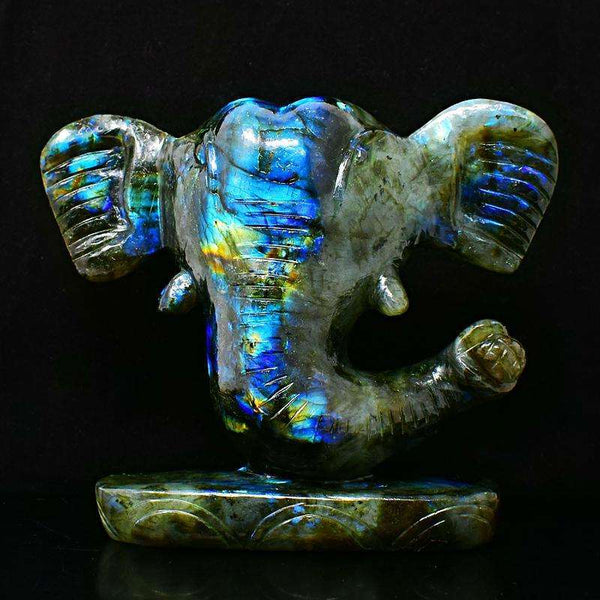 gemsmore:Carved Blue Flash Labradorite Lord Ganesha Head