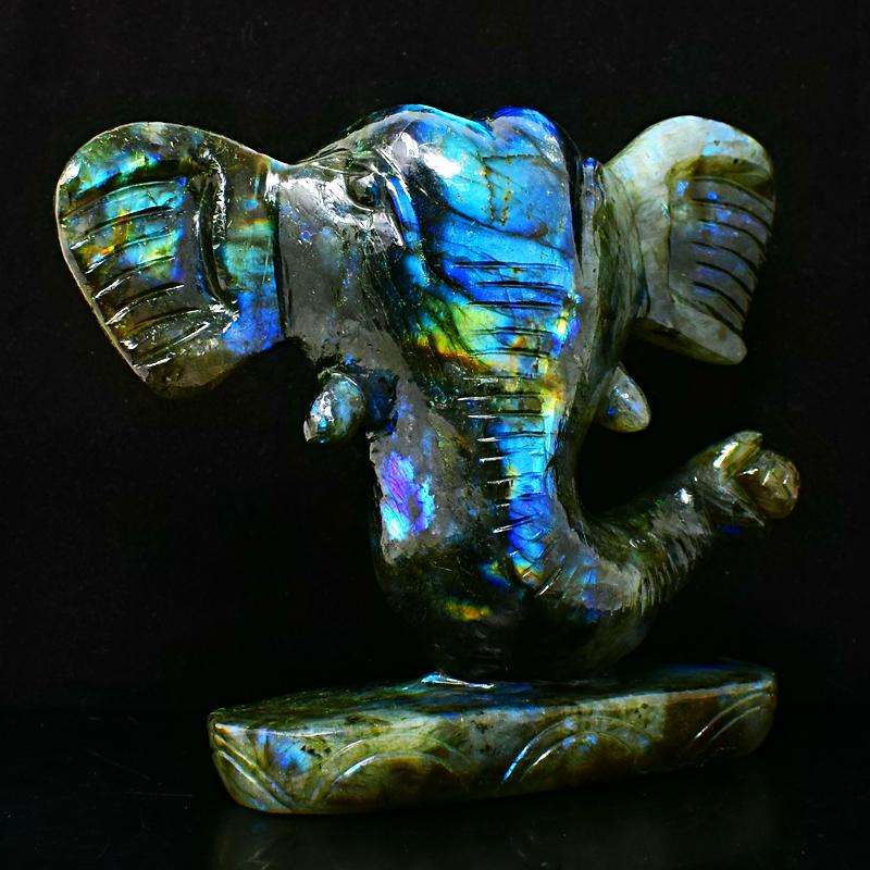 gemsmore:Carved Blue Flash Labradorite Lord Ganesha Head