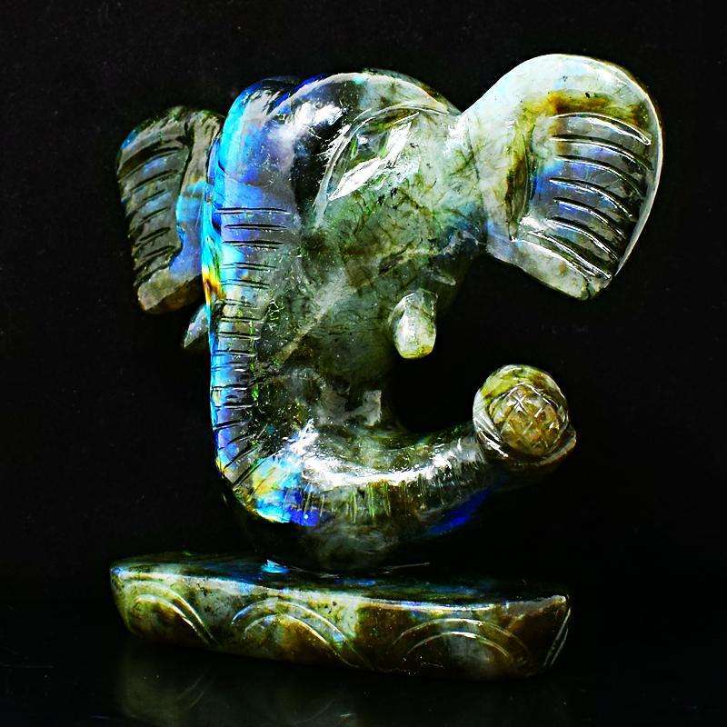 gemsmore:Carved Blue Flash Labradorite Lord Ganesha Head