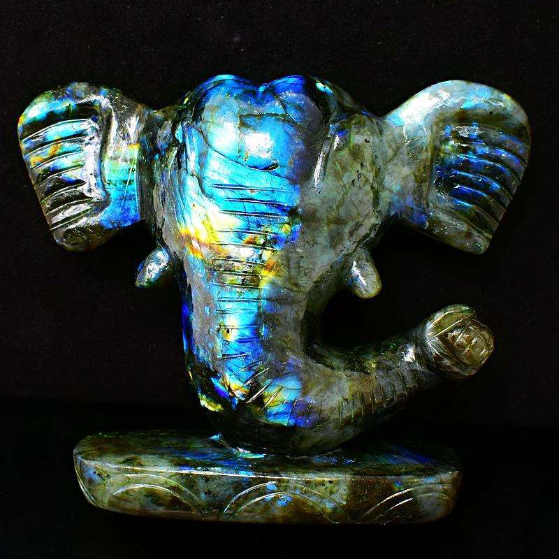 gemsmore:Carved Blue Flash Labradorite Lord Ganesha Head