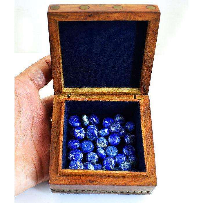 gemsmore:Carved Gemstone Wooden Jewellery Box With Lapis Lazuli Beads