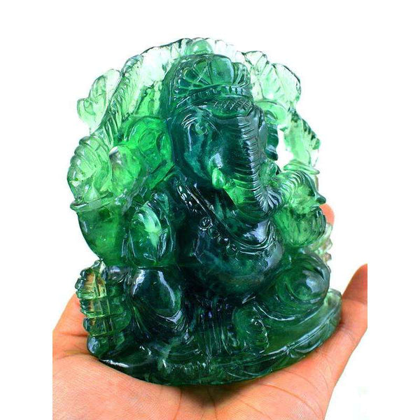 gemsmore:Carved Green Fluorite Lord Ganesha Idol Statute with Mouse At Back