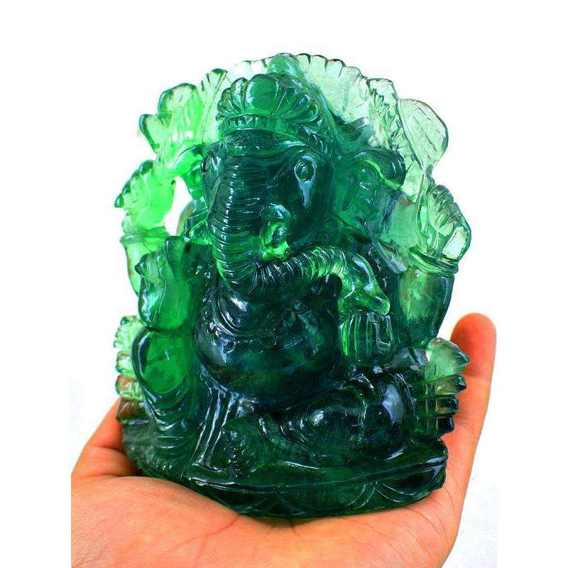 gemsmore:Carved Green Fluorite Lord Ganesha Idol Statute with Mouse At Back