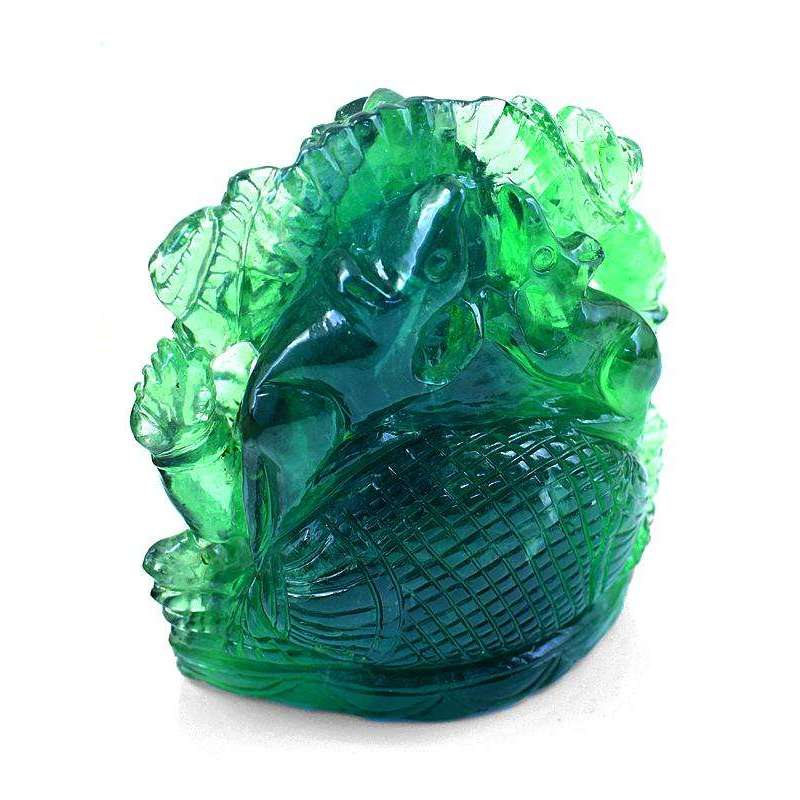 gemsmore:Carved Green Fluorite Lord Ganesha Idol Statute with Mouse At Back