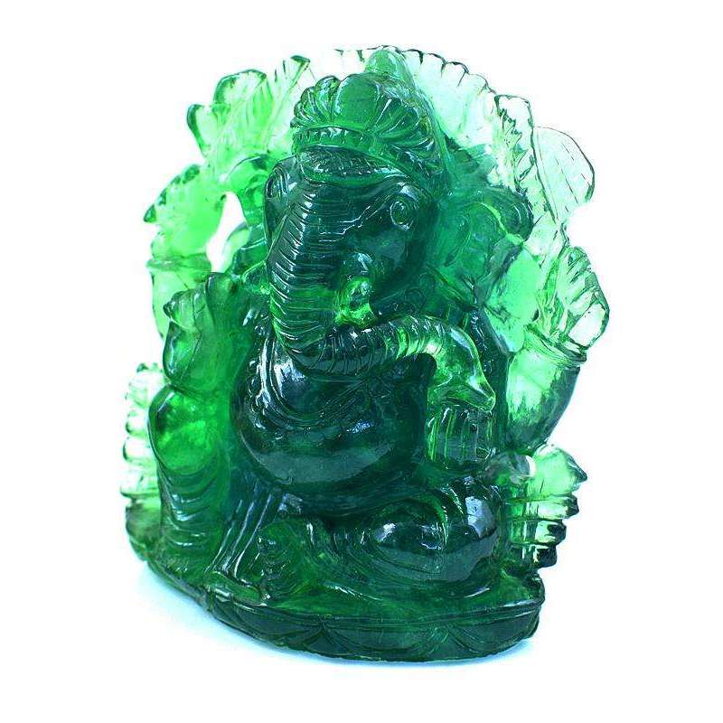 gemsmore:Carved Green Fluorite Lord Ganesha Idol Statute with Mouse At Back