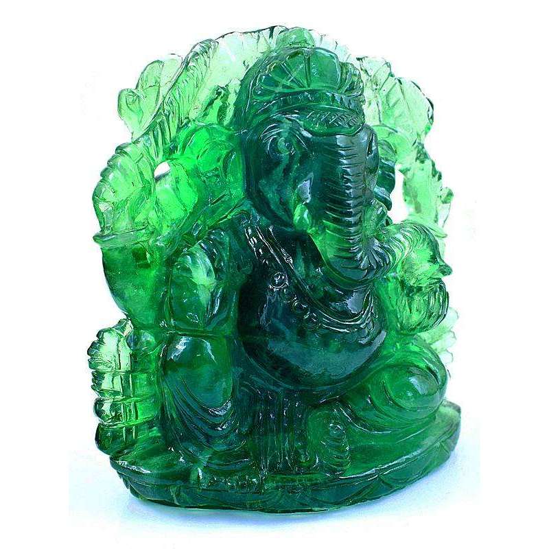 gemsmore:Carved Green Fluorite Lord Ganesha Idol Statute with Mouse At Back