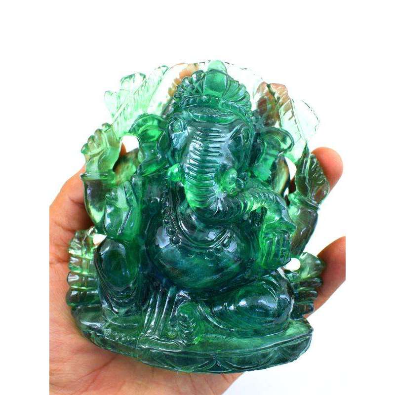 gemsmore:Carved Green Fluorite Lord Ganesha Idol Statute with Mouse At Back