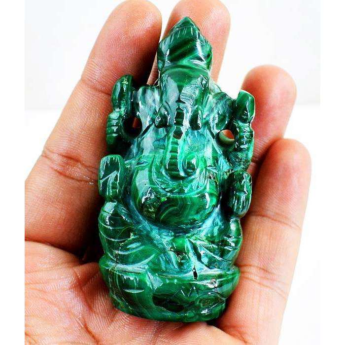 gemsmore:Carved Green Malachite Lord Ganesha Idol Statute