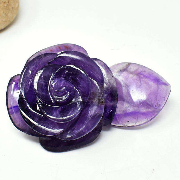 gemsmore:Carved Purple Amethyst Rose Gemstone With Leaf