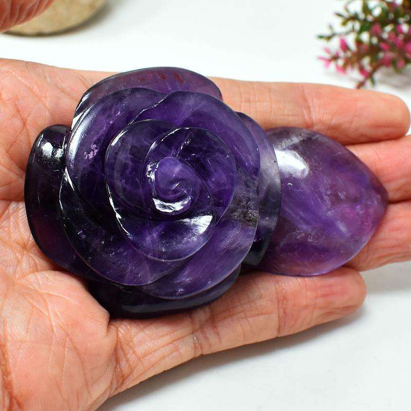 gemsmore:Carved Purple Amethyst Rose Gemstone With Leaf