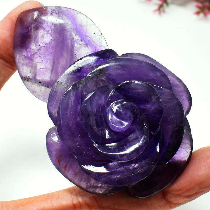 gemsmore:Carved Purple Amethyst Rose Gemstone With Leaf
