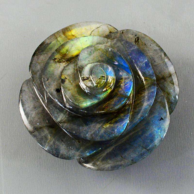 gemsmore:Carving Of Blue & Green Flash Labradorite Hand Carved Rose