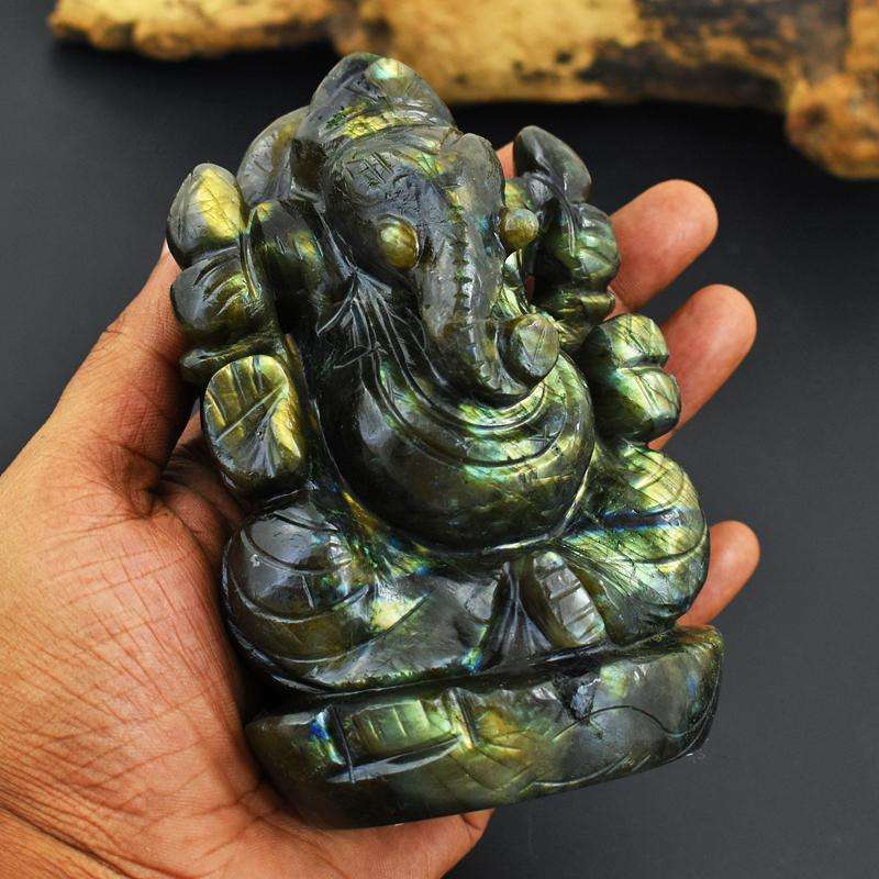 gemsmore:Collectible Piece - Genuine Labradorite Carved Green Flash Ganesha