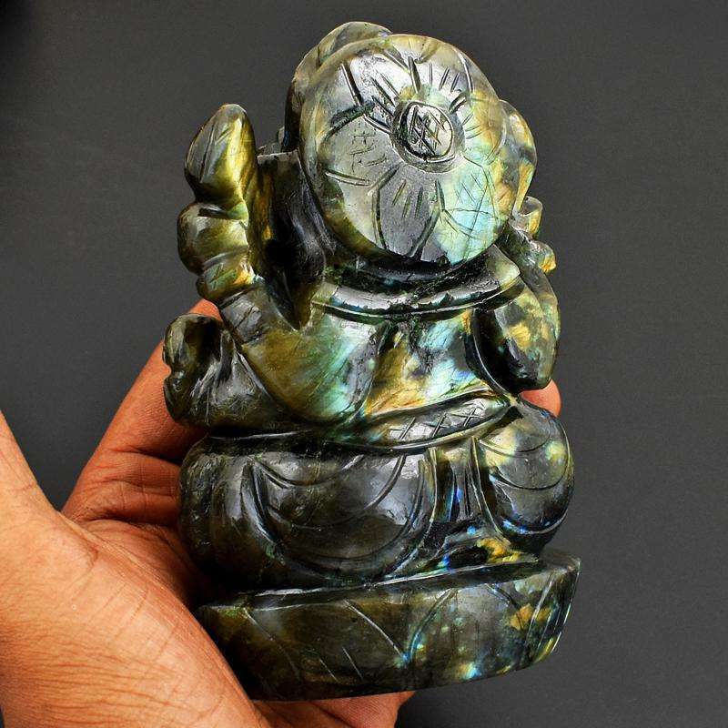 gemsmore:Collectible Piece - Genuine Labradorite Carved Green Flash Ganesha