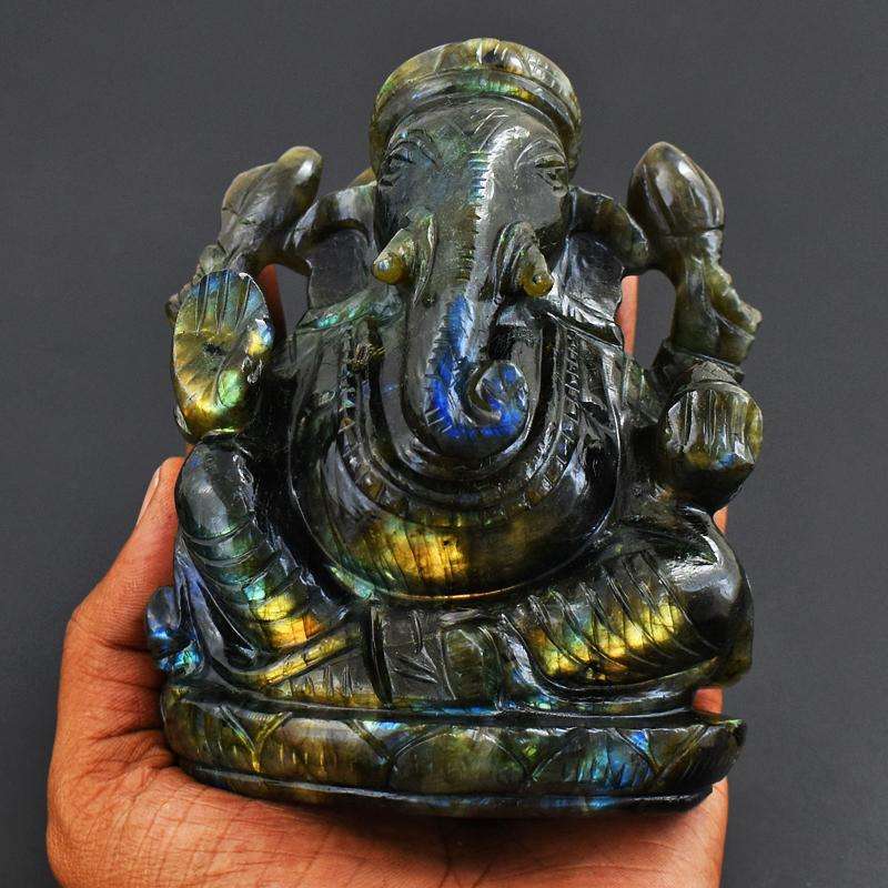 gemsmore:Collectors Piece - Genuine Labradorite  Hand Carved Flashy Ganesha