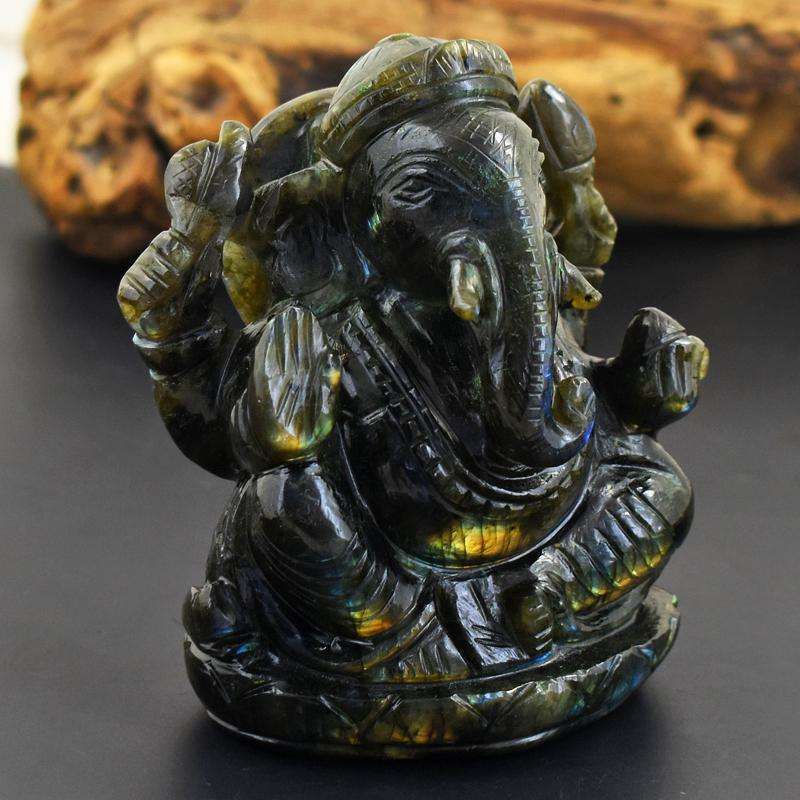 gemsmore:Collectors Piece - Genuine Labradorite  Hand Carved Flashy Ganesha