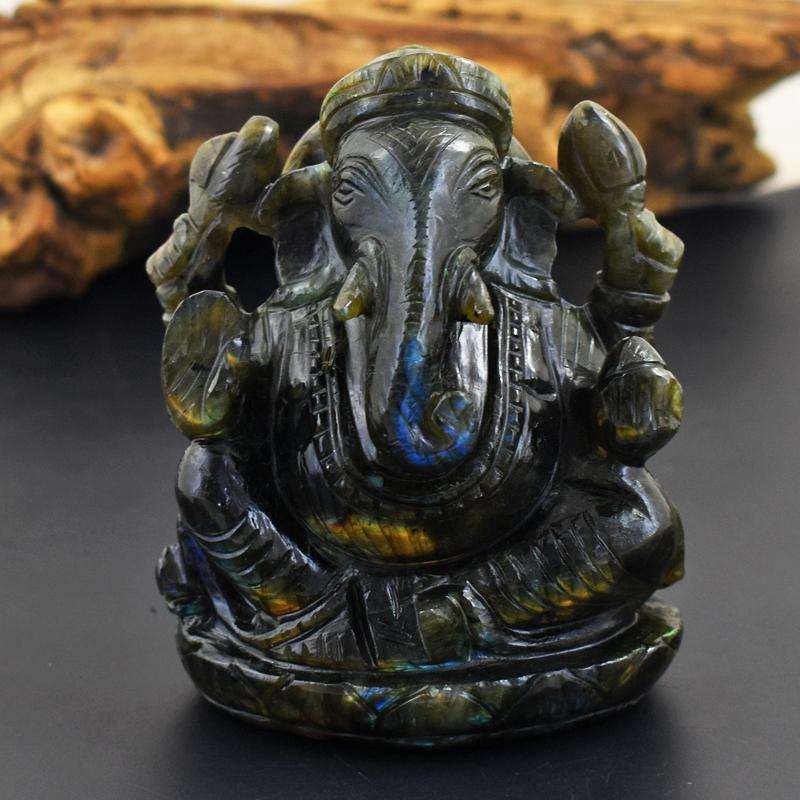 gemsmore:Collectors Piece - Genuine Labradorite  Hand Carved Flashy Ganesha