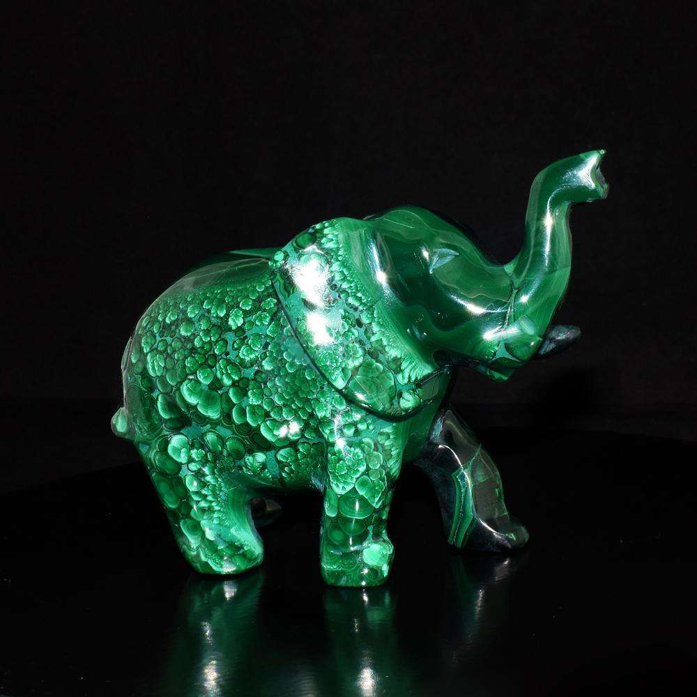 gemsmore:Collectors Piece - Genuine Malachite Hand Carved Elephant