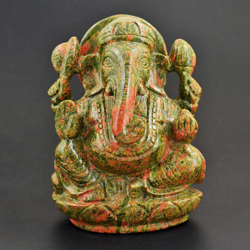 gemsmore:Collectors Piece - Genuine Unakite  Hand Carved Big  Ganesha