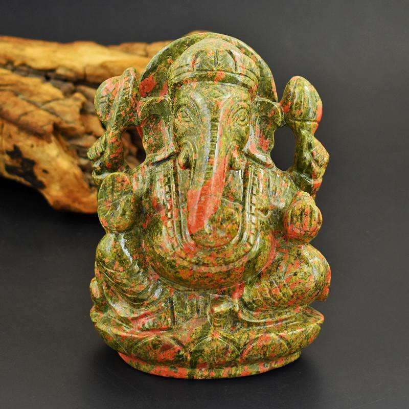 gemsmore:Collectors Piece - Genuine Unakite  Hand Carved Big  Ganesha