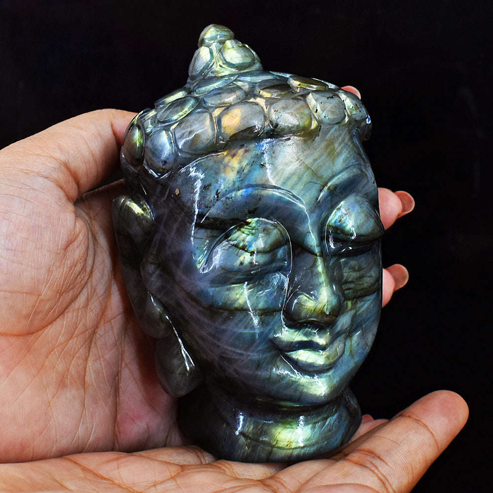 gemsmore:Craftsmen Amazing Flash Labradorite Hand Carved Buddha Head