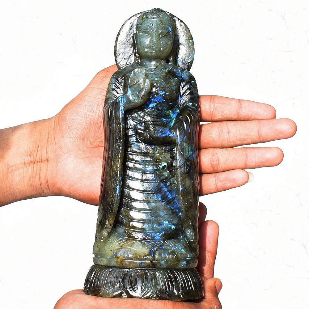 gemsmore:Craftsmen Amazing Flash Labradorite Hand Carved Crystal Lord Buddha