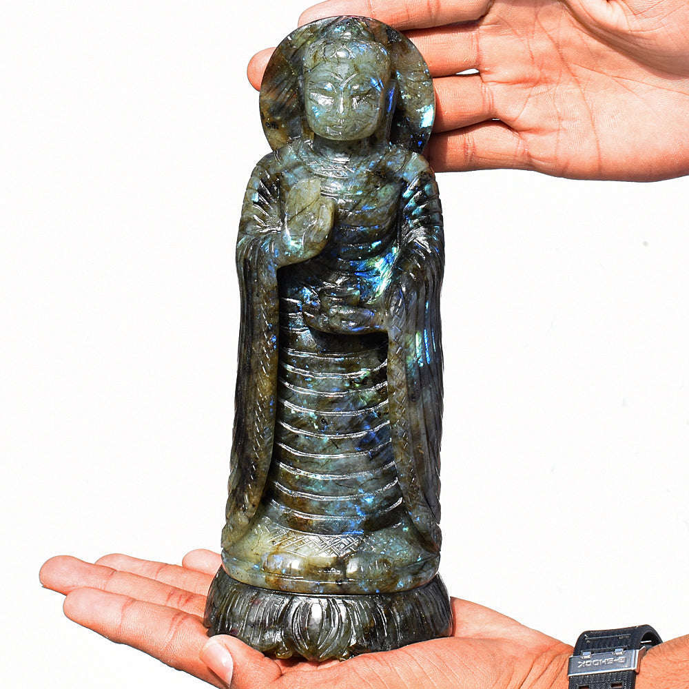 gemsmore:Craftsmen Amazing Flash Labradorite Hand Carved Crystal Lord Buddha