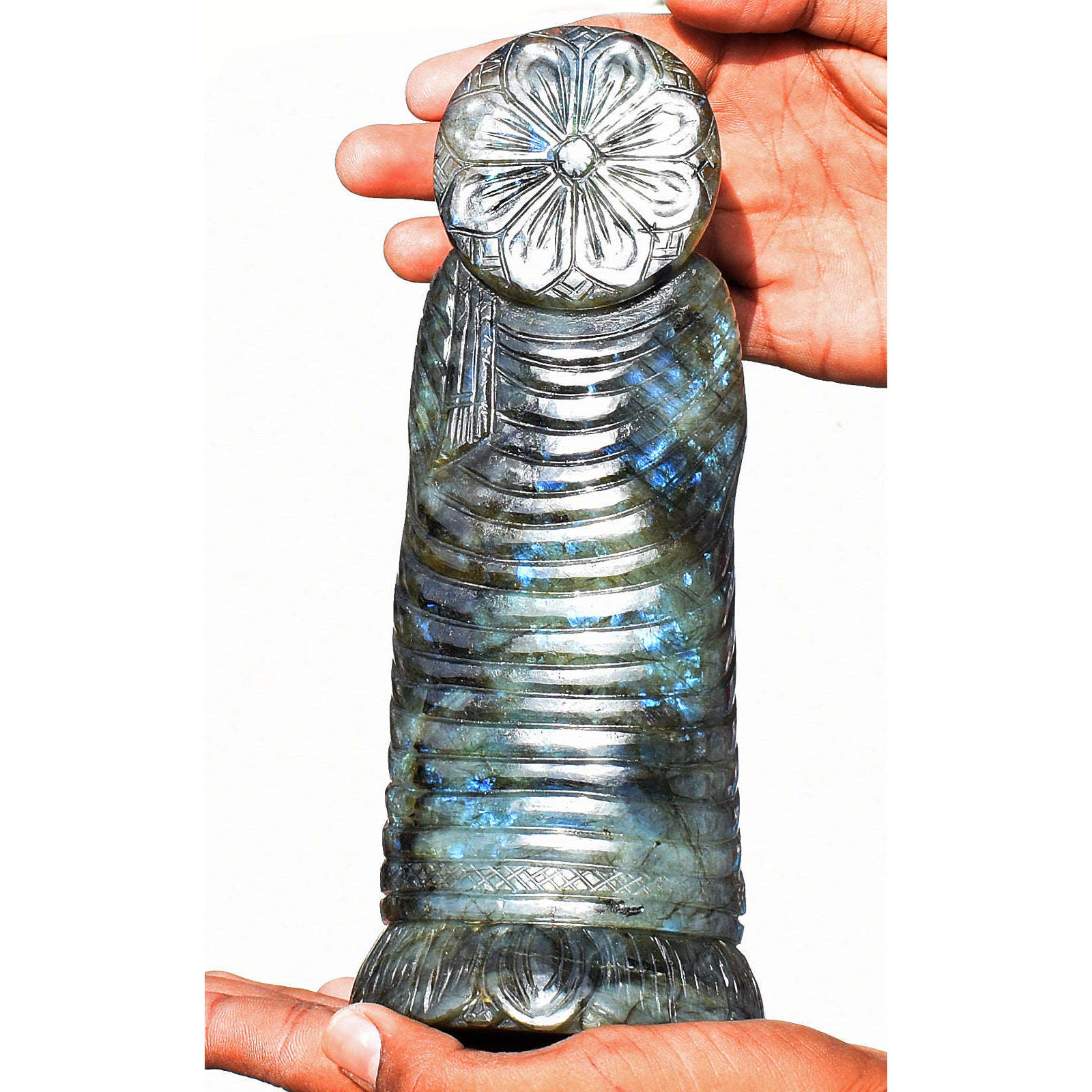 gemsmore:Craftsmen Amazing Flash Labradorite Hand Carved Crystal Lord Buddha