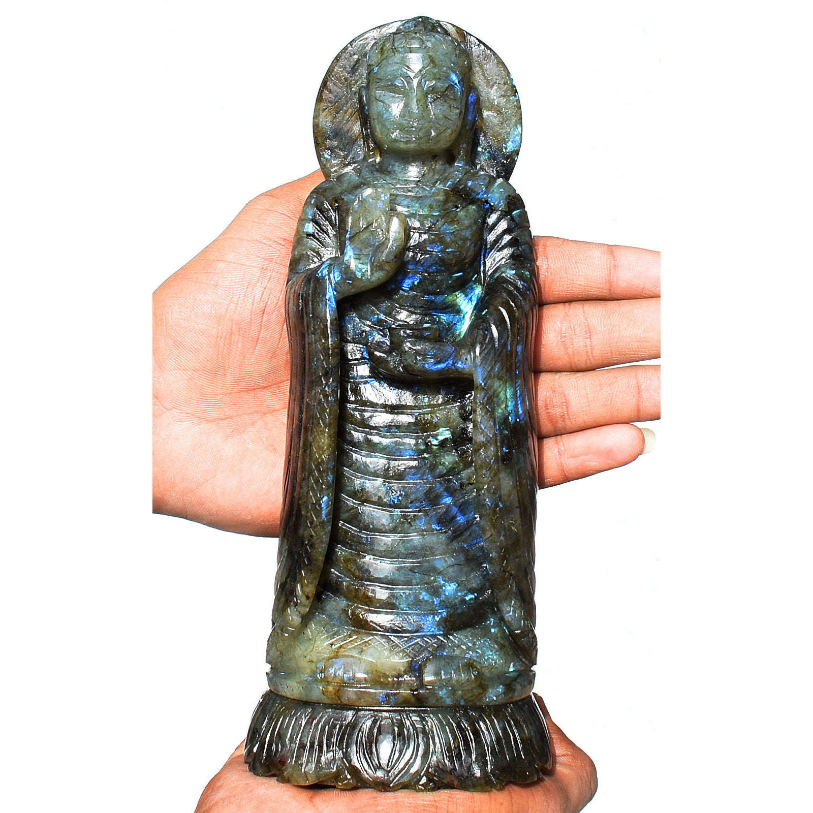 gemsmore:Craftsmen Amazing Flash Labradorite Hand Carved Crystal Lord Buddha