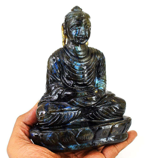 gemsmore:Craftsmen Blue Flash Labradorite Hand Carved Crystal Lord Buddha
