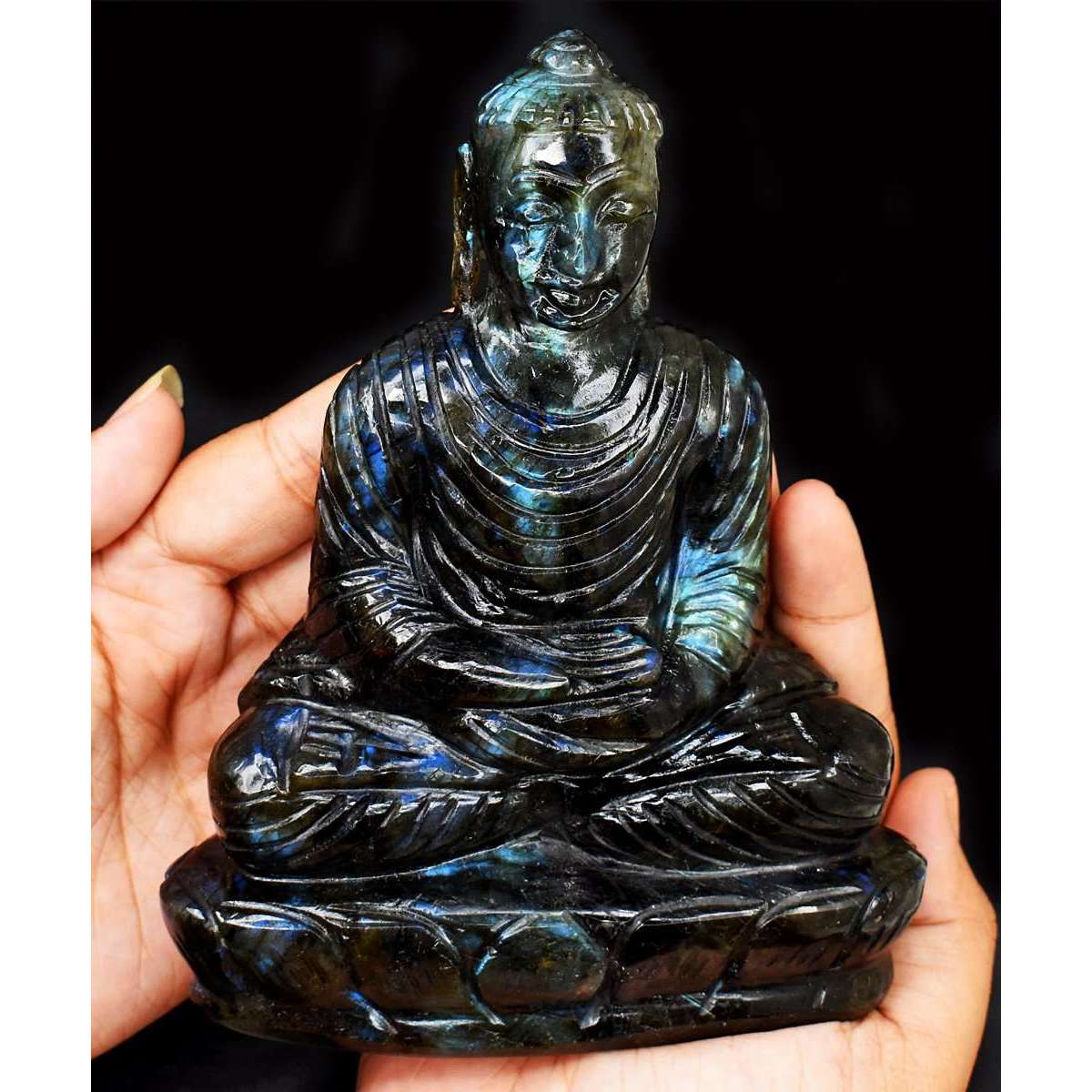 gemsmore:Craftsmen Blue Flash Labradorite Hand Carved Crystal Lord Buddha