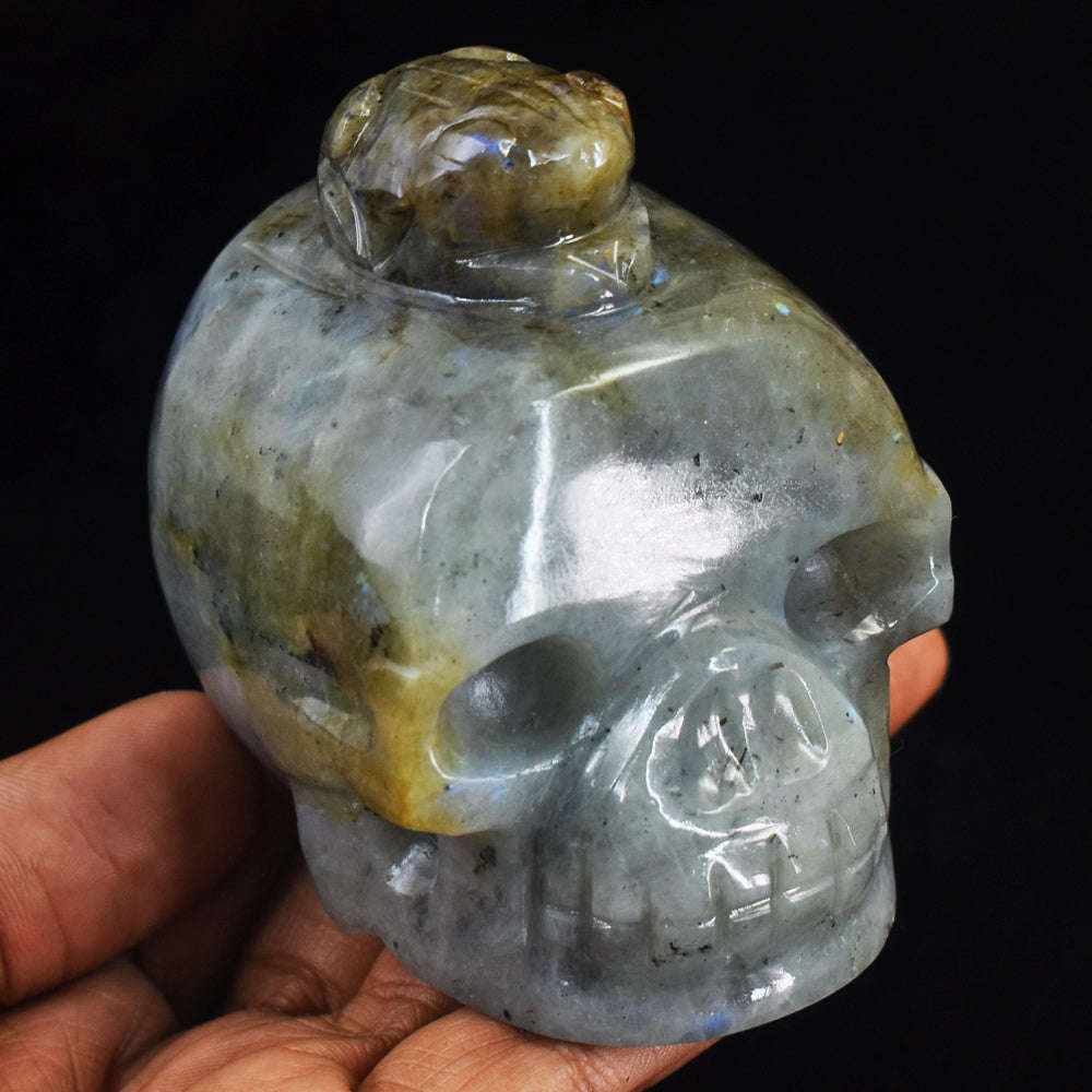 gemsmore:Craftsmen Blue Flash Labradorite Hand Carved Frog On Skull Carving