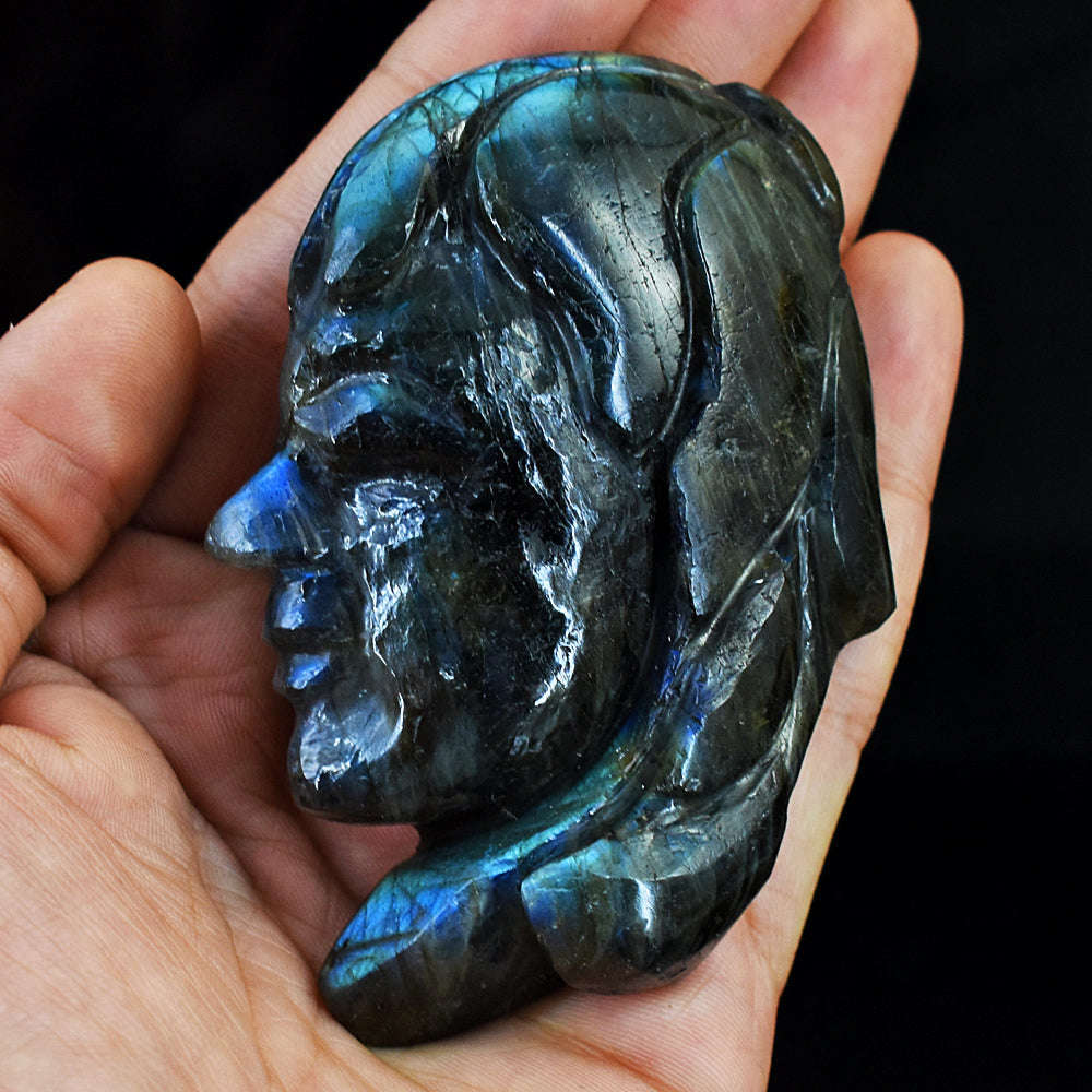 gemsmore:Craftsmen Blue Flash Labradorite Hand Carved Genuine Crystal Gemstone Carving Indo American Head