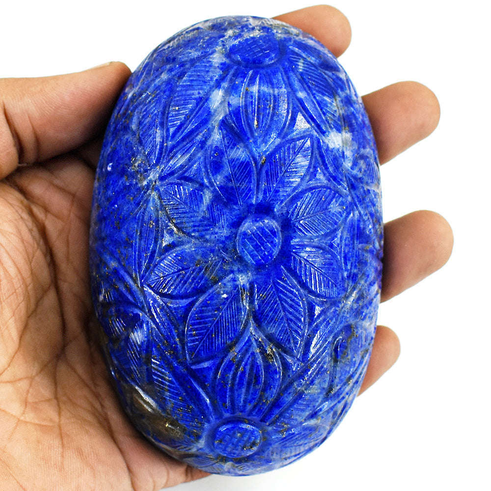 gemsmore:Craftsmen Denim Blue Lapis Lazuli Hand Carved Genuine Crystal Gemstone Carving Mughal Carved Cabochon