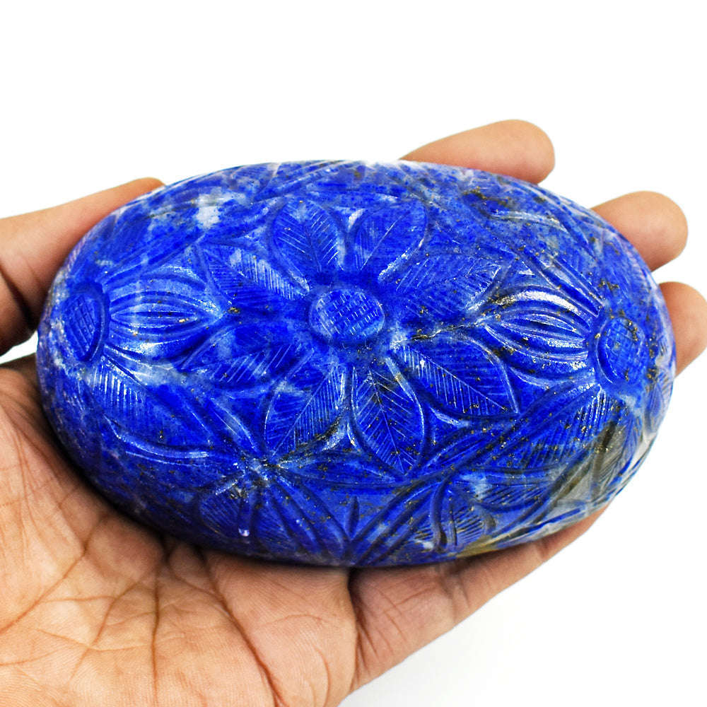 gemsmore:Craftsmen Denim Blue Lapis Lazuli Hand Carved Genuine Crystal Gemstone Carving Mughal Carved Cabochon