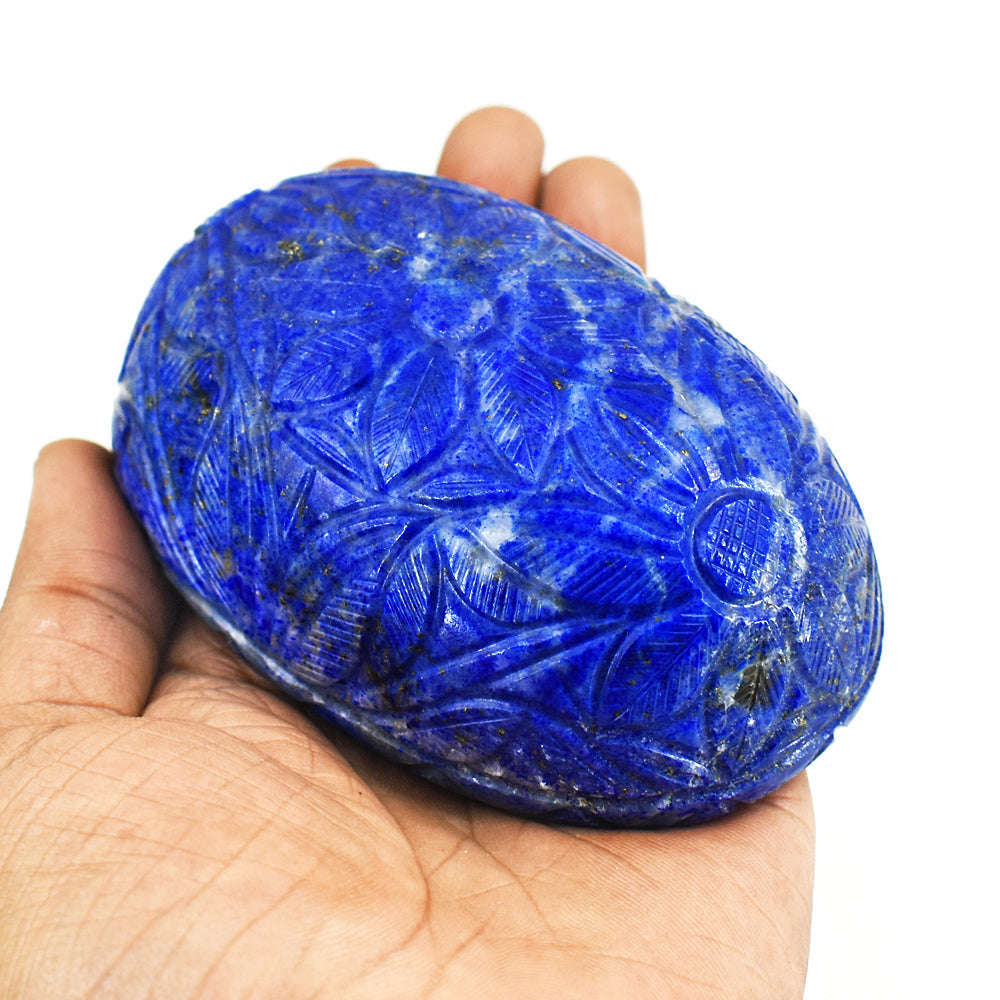 gemsmore:Craftsmen Denim Blue Lapis Lazuli Hand Carved Genuine Crystal Gemstone Carving Mughal Carved Cabochon