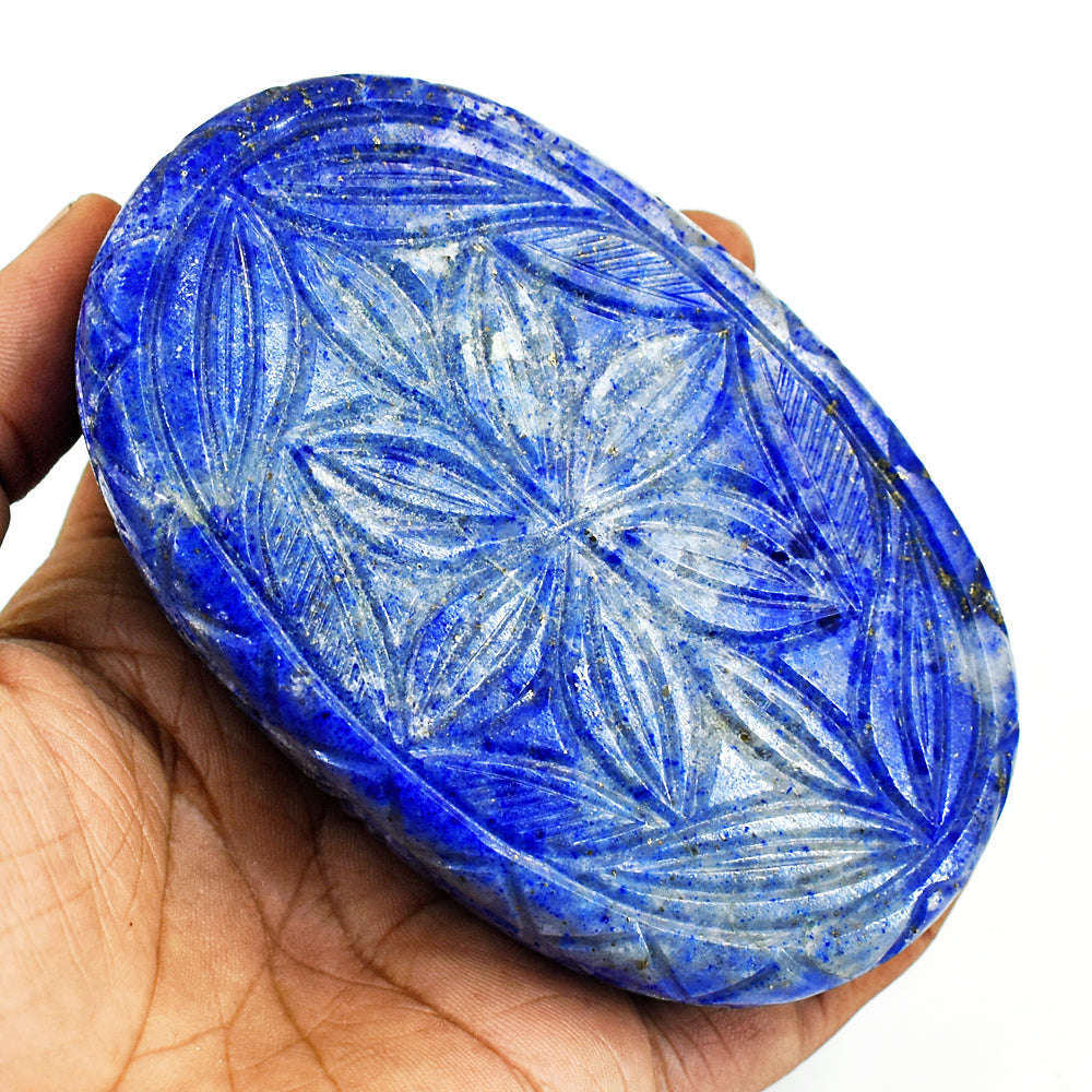 gemsmore:Craftsmen Denim Blue Lapis Lazuli Hand Carved Genuine Crystal Gemstone Carving Mughal Carved Cabochon