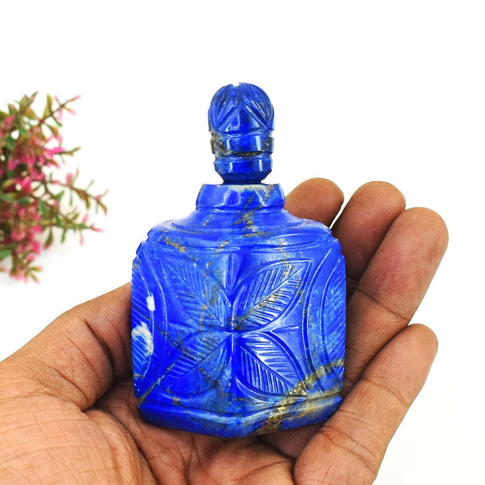 gemsmore:Craftsmen Denim Blue Lapis Lazuli Hand Carved Genuine Crystal Gemstone Carving Perfume Bottle