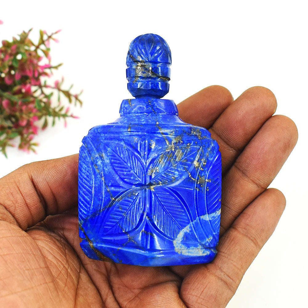 gemsmore:Craftsmen Denim Blue Lapis Lazuli Hand Carved Genuine Crystal Gemstone Carving Perfume Bottle