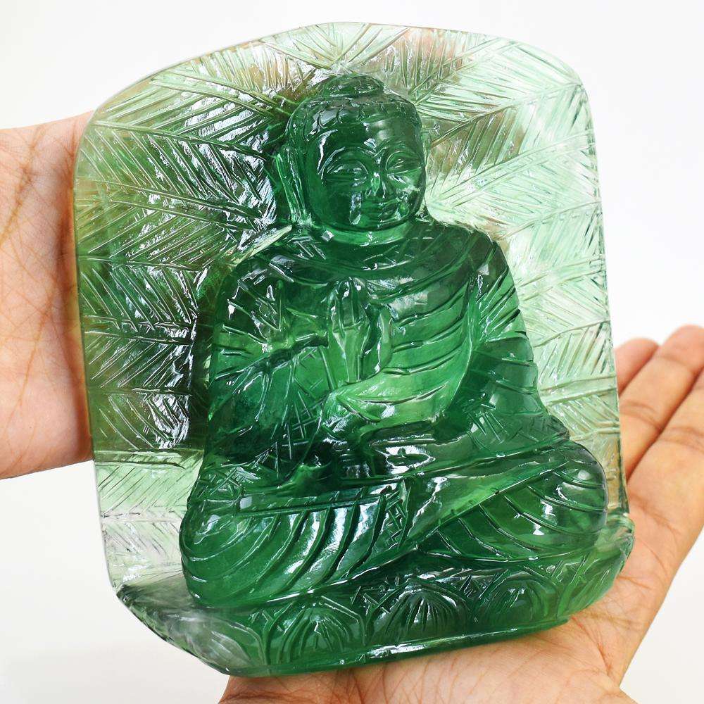 gemsmore:Craftsmen Green Fluorite Hand Carved Lord Buddha Palm Leaf Crystal Carving