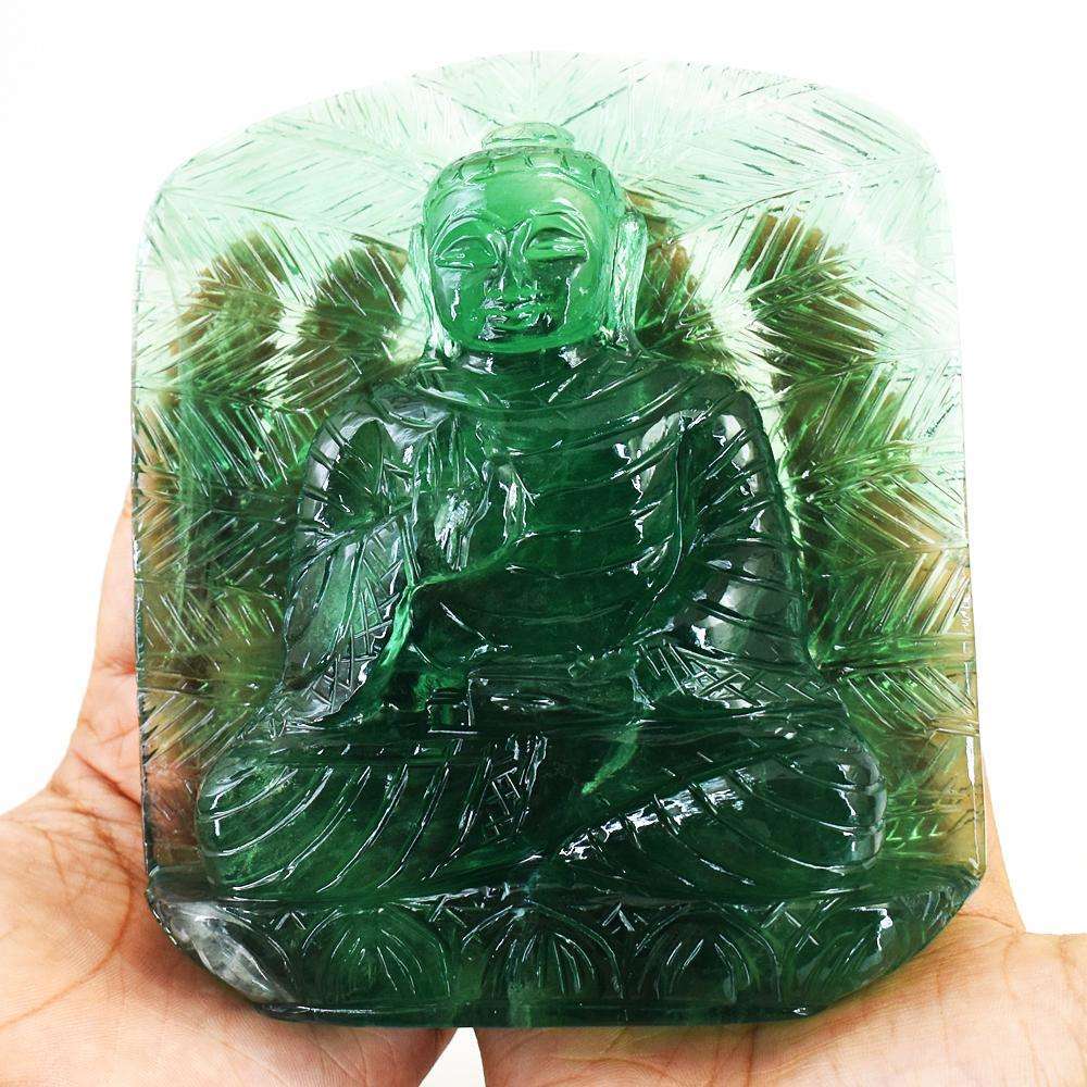 gemsmore:Craftsmen Green Fluorite Hand Carved Lord Buddha Palm Leaf Crystal Carving