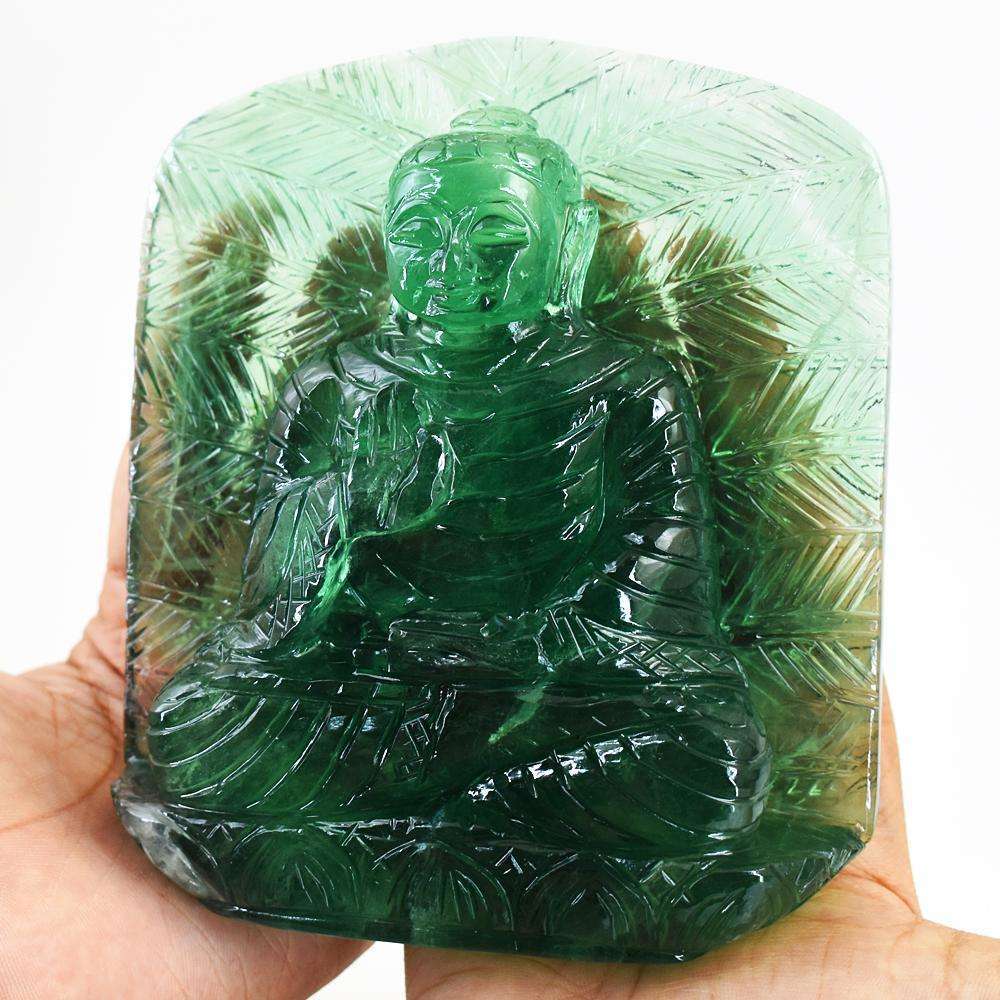 gemsmore:Craftsmen Green Fluorite Hand Carved Lord Buddha Palm Leaf Crystal Carving
